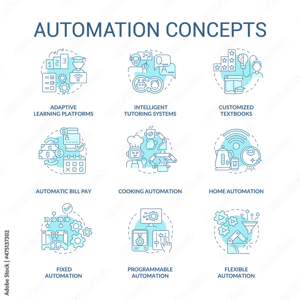 Automation blue concept icons set. Household and industrial automated devices idea thin line color illustrations. Isolated outline drawings. Editable stroke. Roboto-Medium, Myriad Pro-Bold fonts used