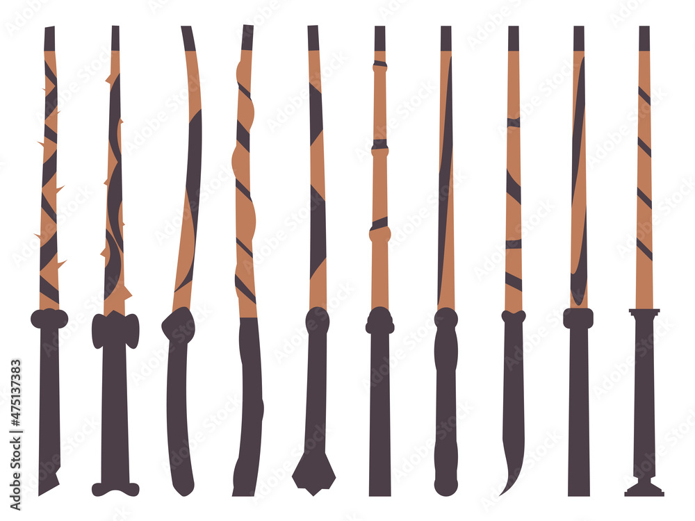 Magic wands icon set isolated on white background. Different types of magic wands. Tool of the wizard and sorcerer. Magic items. Vector illustration Magic wands icon set isolated on white background. Different types of magic wands. Tool of the wizard and sorcerer. Magic items. Vector illustration