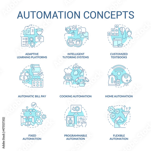 Automation blue concept icons set. Household and industrial automated devices idea thin line color illustrations. Isolated outline drawings. Editable stroke. Roboto-Medium, Myriad Pro-Bold fonts used