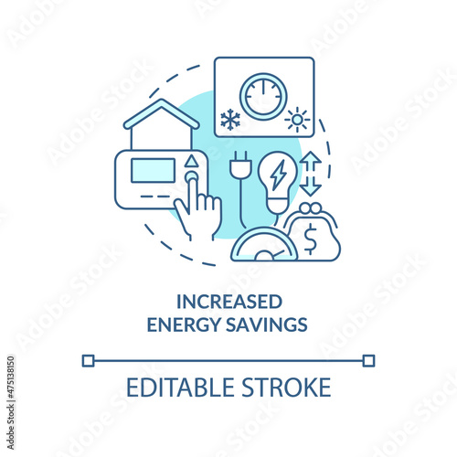 Increased energy savings blue concept icon. Home automation advantages abstract idea thin line illustration. Isolated outline drawing. Editable stroke. Roboto-Medium, Myriad Pro-Bold fonts used