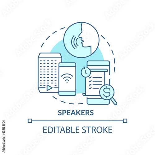Speakers blue concept icon. App for voice control. Daily automation abstract idea thin line illustration. Isolated outline drawing. Editable stroke. Roboto-Medium, Myriad Pro-Bold fonts used