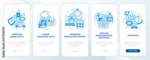 Benefits of automation blue onboarding mobile app screen. Production walkthrough 5 steps graphic instructions pages with linear concepts. UI, UX, GUI template. Myriad Pro-Bold, Regular fonts used
