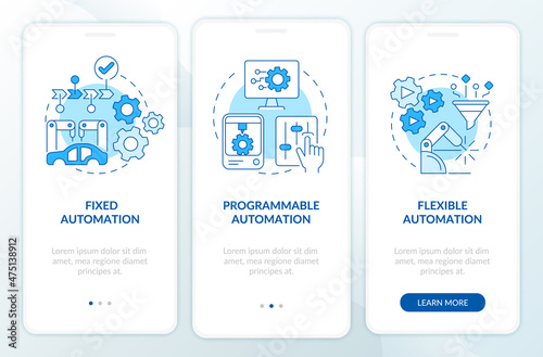 Automation types blue onboarding mobile app screen. Program and software walkthrough 3 steps graphic instructions pages with linear concepts. UI, UX, GUI template. Myriad Pro-Bold, Regular fonts used