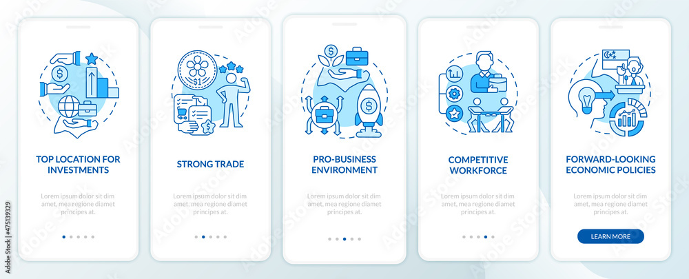 Business-friendly Singapore blue onboarding mobile app screen. Walkthrough 5 steps graphic instructions pages with linear concepts. UI, UX, GUI template. Myriad Pro-Bold, Regular fonts used