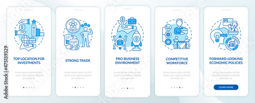Business-friendly Singapore blue onboarding mobile app screen. Walkthrough 5 steps graphic instructions pages with linear concepts. UI, UX, GUI template. Myriad Pro-Bold, Regular fonts used