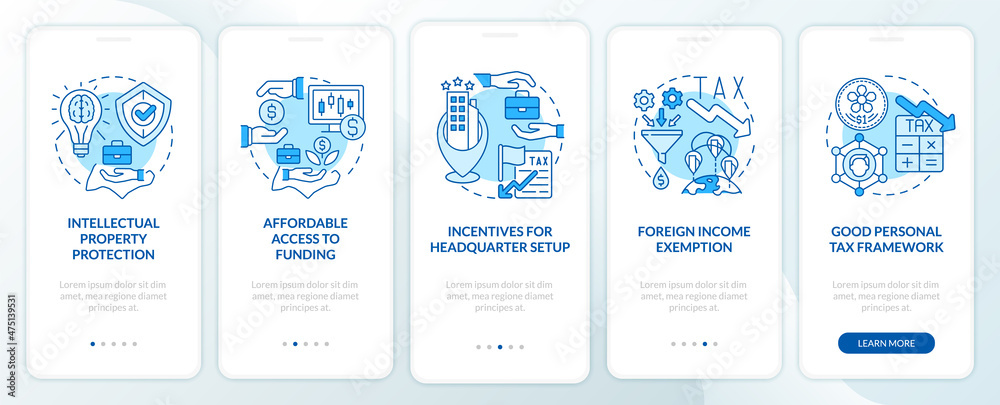 Setting up business in asian country blue onboarding mobile app screen. Walkthrough 5 steps graphic instructions pages with linear concepts. UI, UX, GUI template. Myriad Pro-Bold, Regular fonts used