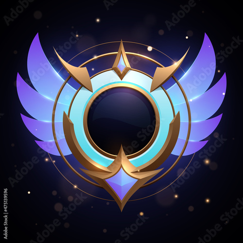 Gold and blue badge with wings and light effect