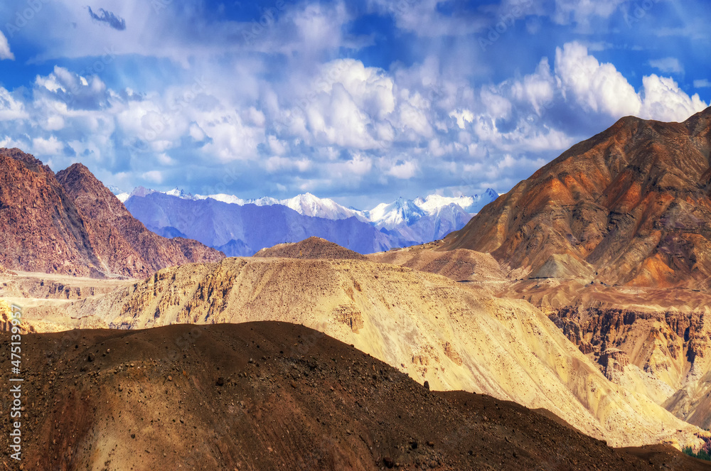 Rocky landscape, ice peaks, blue sky, leh, ladakh, Jammu and Kashmir, India, basgo, himalaya, mountains, natural, travel, clouds, altitude, asia, clouds, colorful, high, snow, landscape, travel, rocks