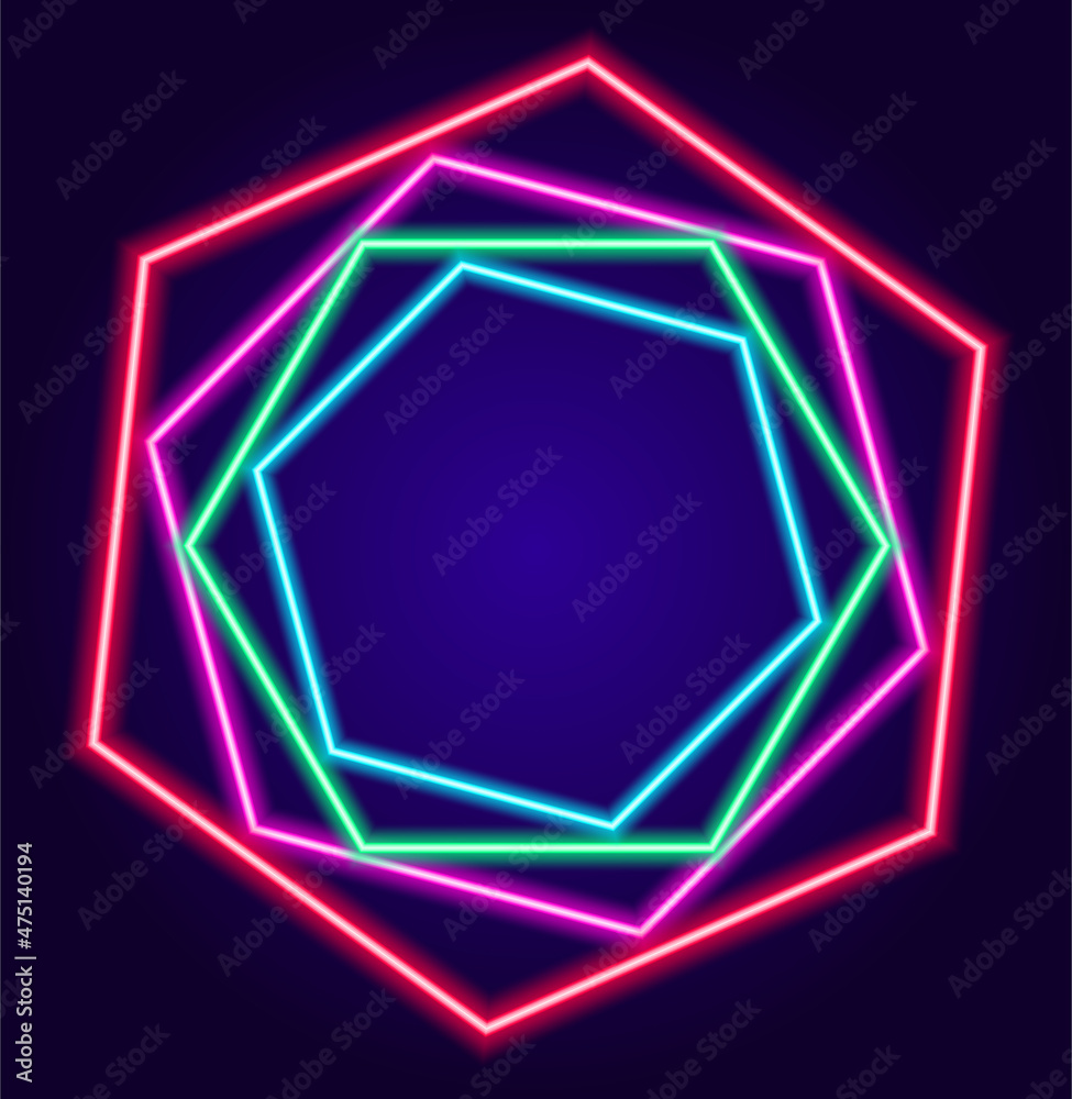 polygonal neon frame. a template of neon hexagons in blue and pink with an empty space inside for text on blue for a design template polygonal neon frame. a template of neon hexagons in blue and pink with an empty space inside for text on blue for a design template