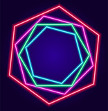 polygonal neon frame. a template of neon hexagons in blue and pink with an empty space inside for text on blue for a design template