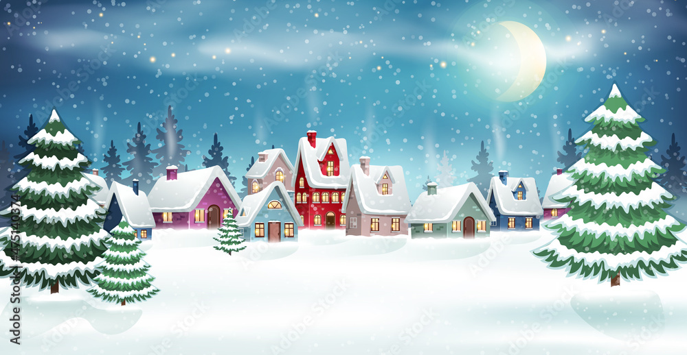 Winter village landscape with snow covered houses in pine forest. Christmas holidays vector illustration