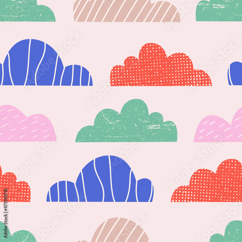 Abstract textured clouds seamless pattern. Hand drawn doodle shapes elements. Colorful funky backgroung for textile, cover, wrapping paper, wallpaper design