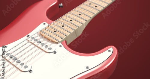 Fiesta Red Shiny Electric Guitar Moving Slowly. Macro Shot With Depth Of Field. Art And Entertainment Related 4K 3D Motion Graphics.