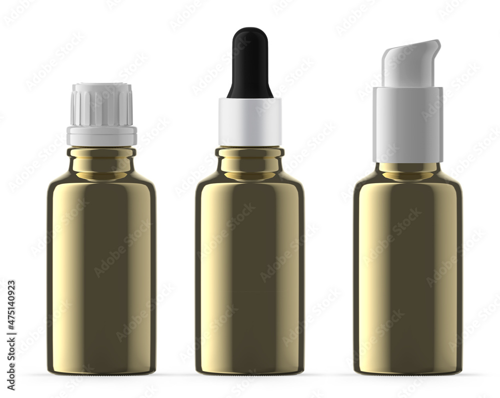 Set of 30ml Gold Glass Bottles. Plastic Cap, Dropper Bottle and Pump. Isolated Set of 30ml Gold Glass Bottles. Plastic Cap, Dropper Bottle and Pump. Isolated