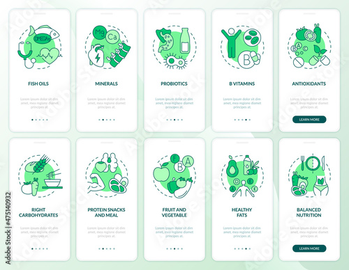 Fit meals and supplements green onboarding mobile app screen set. Life walkthrough 5 steps graphic instructions pages with linear concepts. UI  UX  GUI template. Myriad Pro-Bold  Regular fonts used