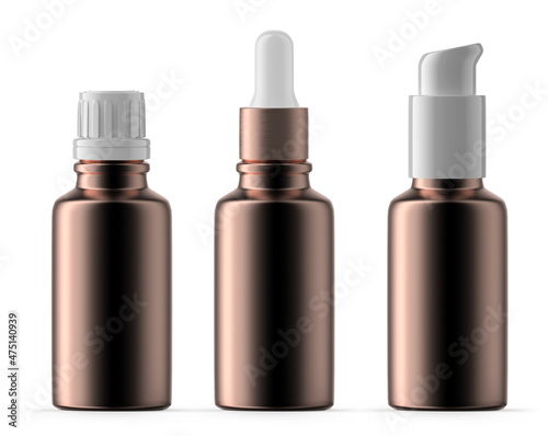Set of 30ml Rose Gold Glass Bottles. Plastic Cap, Dropper Bottle and Pump. Isolated