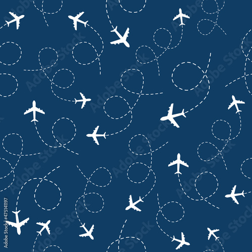 Airplane flying with line path seamless pattern. Plane travel concept on blue background. Vector illustration.