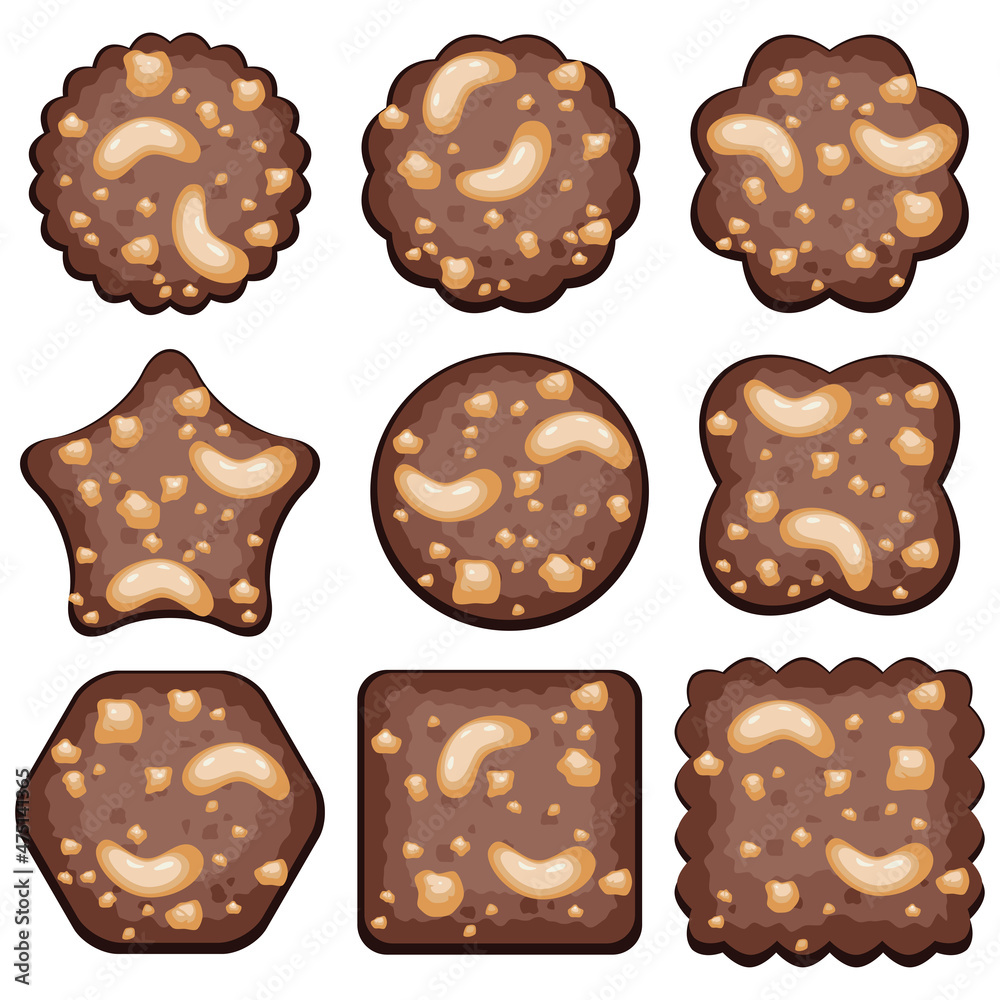 vector set of chocolate chip cookies with nuts vector set of chocolate chip cookies with nuts