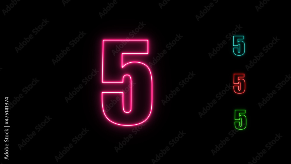 Neon numbers five glowing on an alpha channel background. number 5 glowing in the dark, neon light Neon numbers five glowing on an alpha channel background. number 5 glowing in the dark, neon light