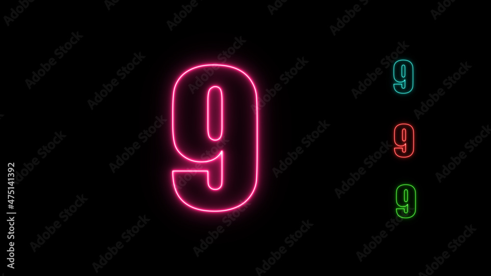 Neon numbers Nine glowing on an alpha channel background. number 9 glowing in the dark, neon light Neon numbers Nine glowing on an alpha channel background. number 9 glowing in the dark, neon light