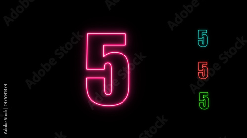 Neon numbers five glowing on an alpha channel background.  number 5 glowing in the dark,  neon light
