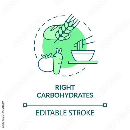 Right carbohydrates green concept icon. Healthy ration for fitness abstract idea thin line illustration. Isolated outline drawing. Editable stroke. Roboto-Medium, Myriad Pro-Bold fonts used