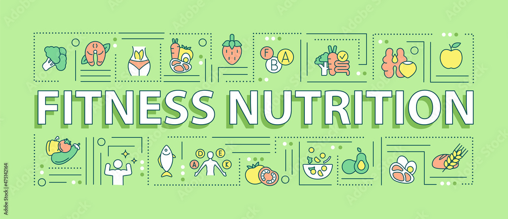Fitness nutrition word concepts green banner. Sports diet. Infographics with linear icons on background. Isolated typography. Vector outline color illustration with text. Arial-Black font used