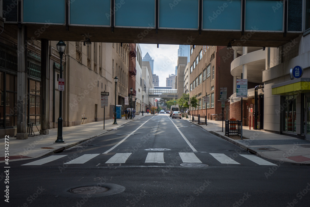 Philadelphia, Pennsylvania, USA - August 20 2021: View of Filbert St from N eighth St. Downtown Philadelphia.