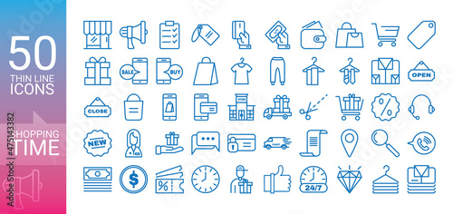 Shopping icons 50, set shop sign e-commerce for web development apps and websites - stock vector