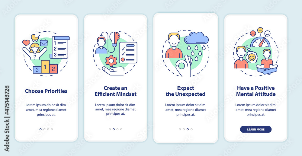 Balanced life tips onboarding mobile app screen. Selfcare benefits walkthrough 4 steps graphic instructions pages with linear concepts. UI, UX, GUI template. Myriad Pro-Bold, Regular fonts used