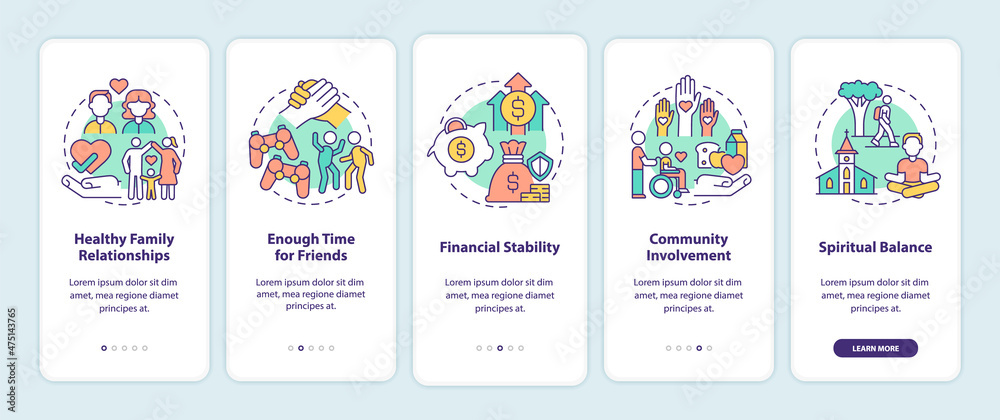 Signs of balanced life onboarding mobile app screen. Happiness walkthrough 5 steps graphic instructions pages with linear concepts. UI, UX, GUI template. Myriad Pro-Bold, Regular fonts used