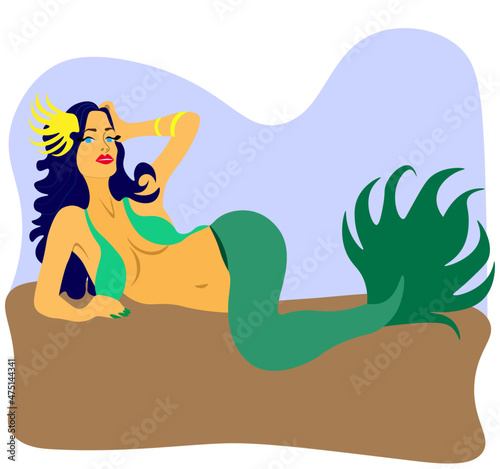 Sexy mermaid with blue hair lies on the seabed. There is gold ornament in her hair. color vector illustration. Cute mermaid for textiles, bags or children's books, flyers.