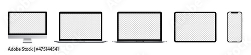 Realistic silver devices mockup vector set : Isolated smartphone, phone, laptop computer, tablet, monitor, on white background. Editable empty screen device. Vector illustration.