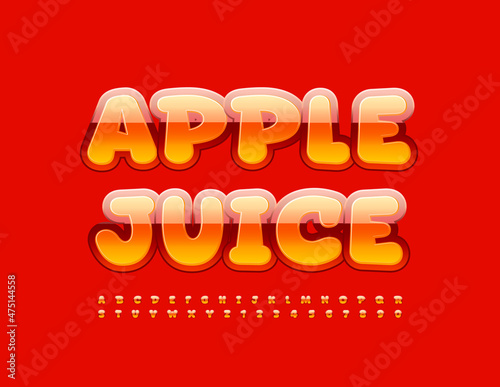 Vector tasty Sign Apple Juice. Modern Glossy Font. Artistic Alphabet Letters and Numbers set