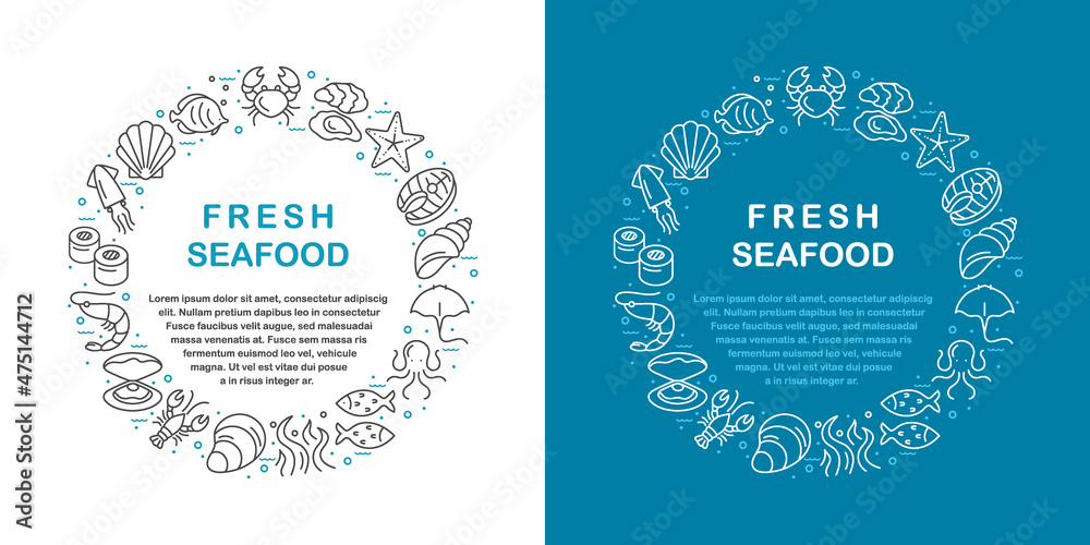 Seafood line icons. Vector illustration of fish and seafood elements with oyster, seaweed, crab, lobster, squid, octopus, jellyfish, starfish, shrimp. Outline icon collection for web, restaurant menu Seafood line icons. Vector illustration of fish and seafood elements with oyster, seaweed, crab, lobster, squid, octopus, jellyfish, starfish, shrimp. Outline icon collection for web, restaurant menu