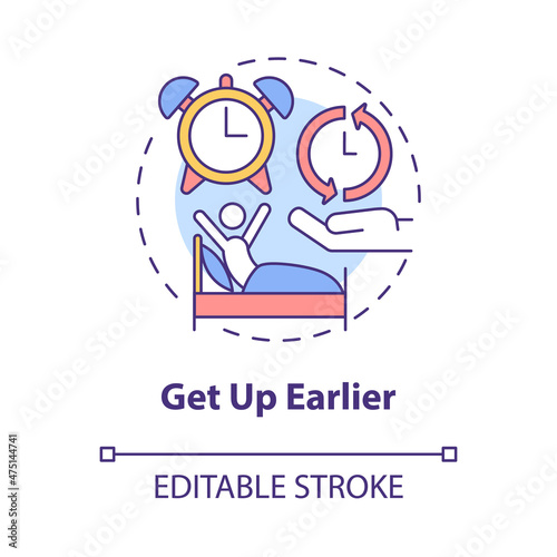 Get up earlier concept icon. Wakeup early morning. Healthy lifestyle abstract idea thin line illustration. Isolated outline drawing. Editable stroke. Roboto-Medium, Myriad Pro-Bold fonts used