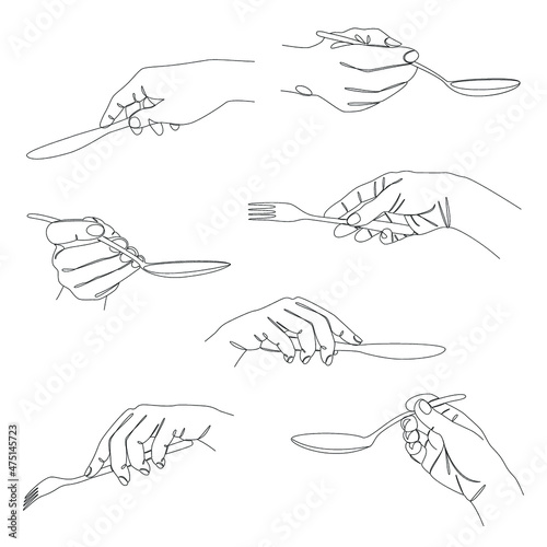 Collection. Silhouettes of a male hand holding a knife, spoon. one line modern style plug. Continuous line drawing, aesthetic outline for decor, posters, stickers, logo. Set of vector illustrations.