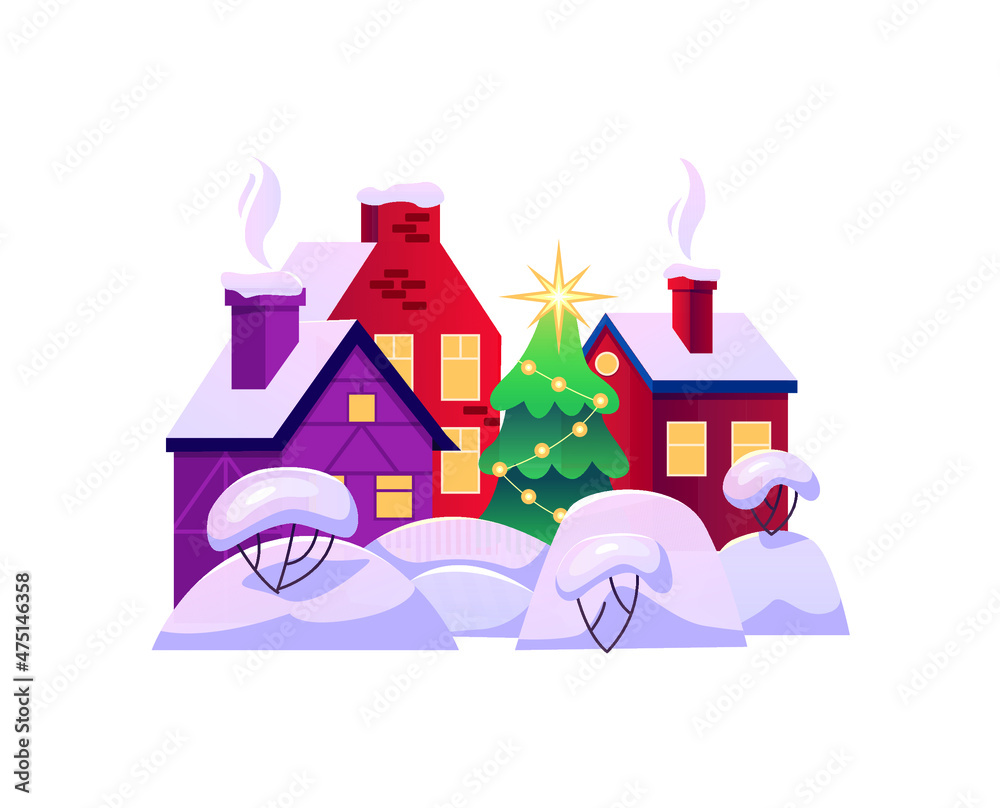 Cute Christmas village isolated on white. Winter landscape. Vector illustration.