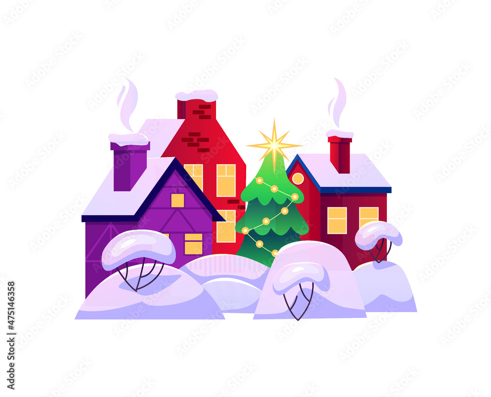 Naklejka premium Cute Christmas village isolated on white. Winter landscape. Vector illustration.
