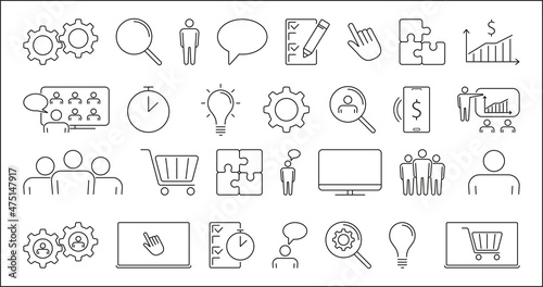 Teamwork simple icons set. Business processes, trade, communication, remote work, webinar, statistics, mechanisms, ideas. Vector illustration