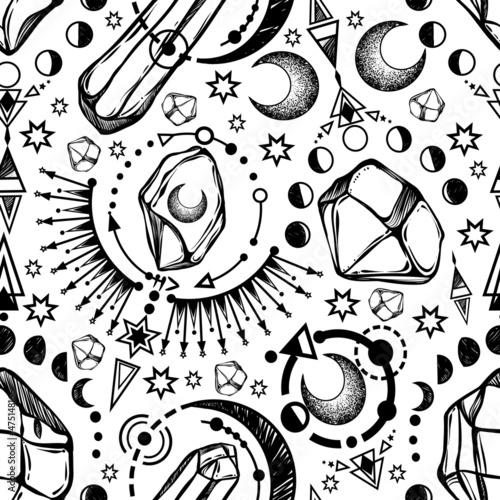 Vector illustration, magical astrology and crystals, Alchemy, magic symbol, spirituality and occultism, Handmade, light  background, seamless pattern