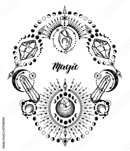 Vector illustration, magical astrology and crystals, Alchemy, spirituality and occultism, magic symbol, print on t-shirt, tattoo, Handmade