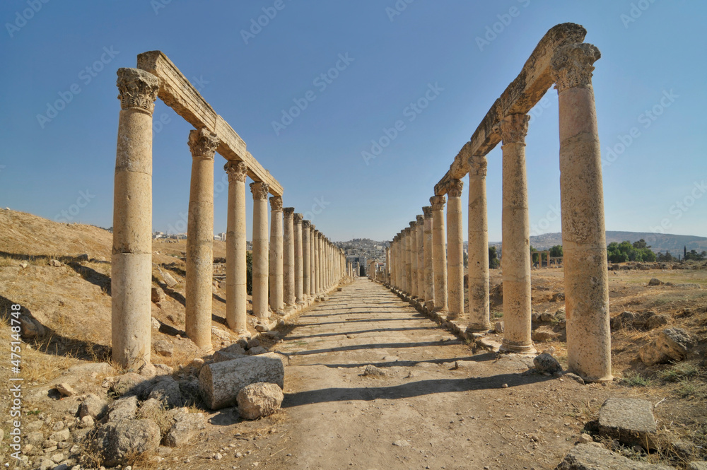 Decumanus Street in the ancient Roman city of Jerash, now Jordan 