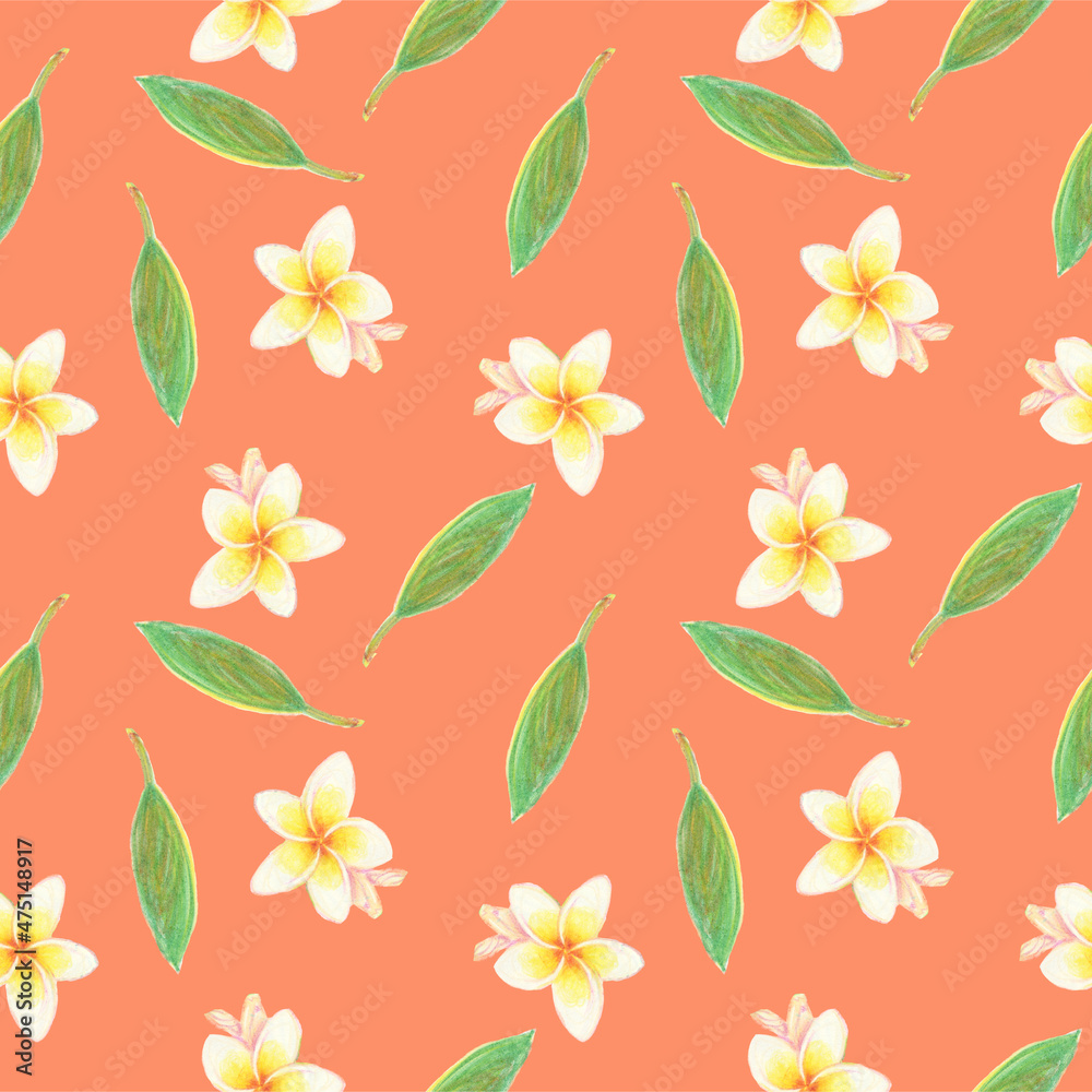 Seamless pattern of plumeria flowers on a peach background. For fabric, sketchbook, wallpaper, wrapping paper.