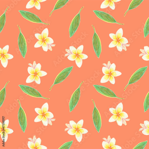 Seamless pattern of plumeria flowers on a peach background. For fabric  sketchbook  wallpaper  wrapping paper.