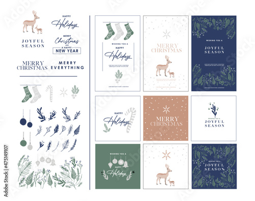 Christmas, Winter holiday graphic element set. Winter plants, berry, socks. Placeholder typography. Bundle elements reindeer, ornaments and text. Seasonal party invitation, greetings, corporate email 