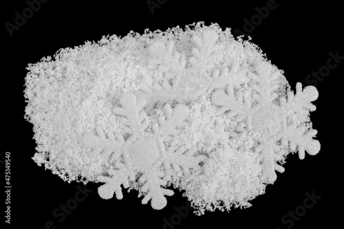 Snow with snowflake isolated on black background.