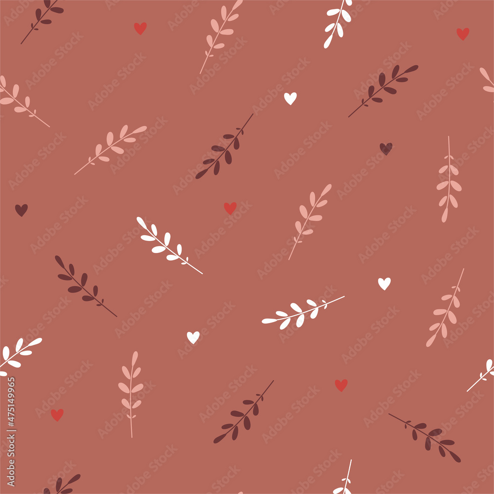 Hearts and twigs seamless pattern, lovely romantic background, great for Valentine's Day.