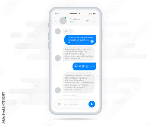 Chat UI Application design concept, Social network messenger communication service screen template, Mobile phone live chat boxes, Smartphone online app on screen, Vector flat style illustration, UX UI