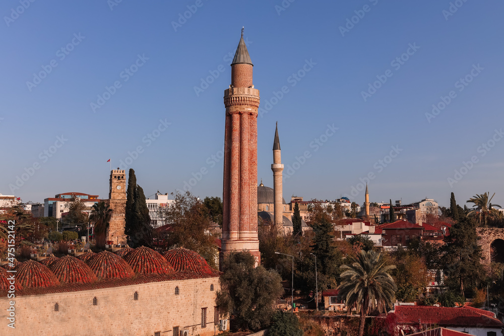 Yivliminare Mosque (Yivliminare Cami), Ulu Mosque in Antalya, historical mosque built by the Anatolian Seljuk Sultan Alaaddin Keykubad, The fluted minaret.